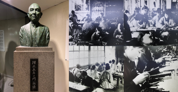 増永五左衛門翁像と当時の眼鏡製造風景