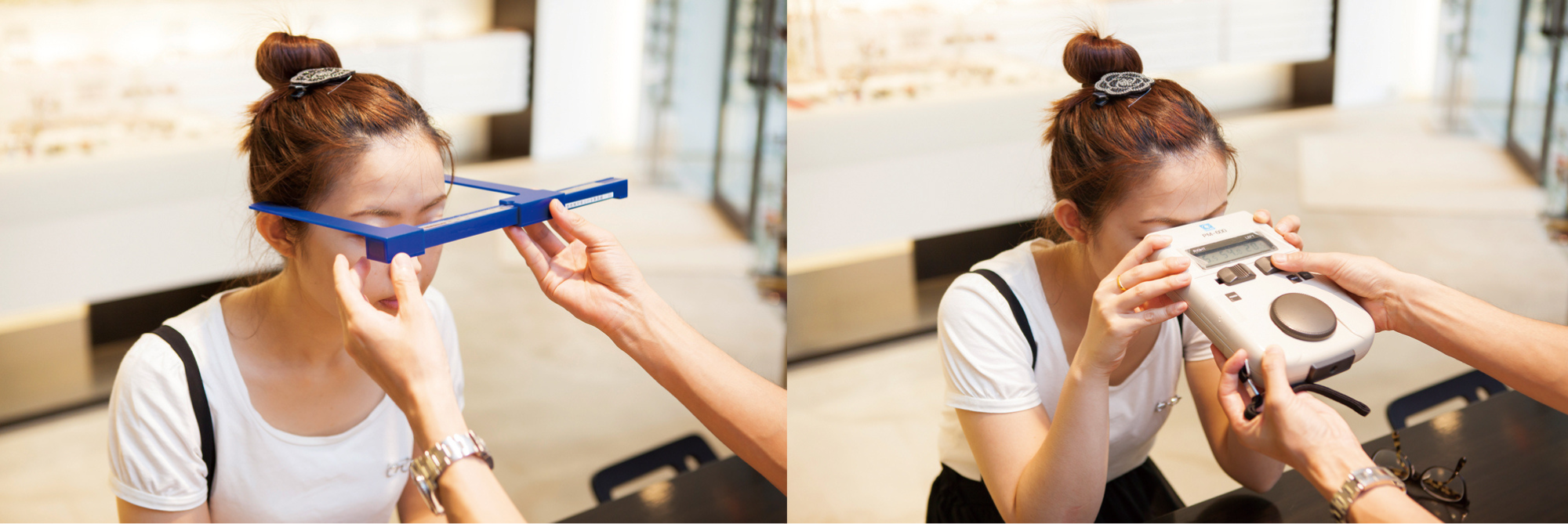 ヘッドサイズ(左)と瞳孔間距離(右)の測定