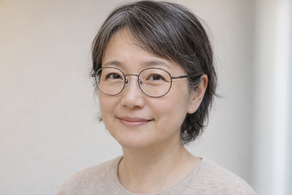 チタンフレームをかけた女性
